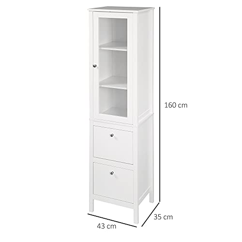 kleankin Armario Alto para Baño Mueble Columna de Baño con 1 Puerta de Cristal Estantes Ajustables y 2 Cajones Multiusos para Salón Cocina 43x35x160 cm Blanco