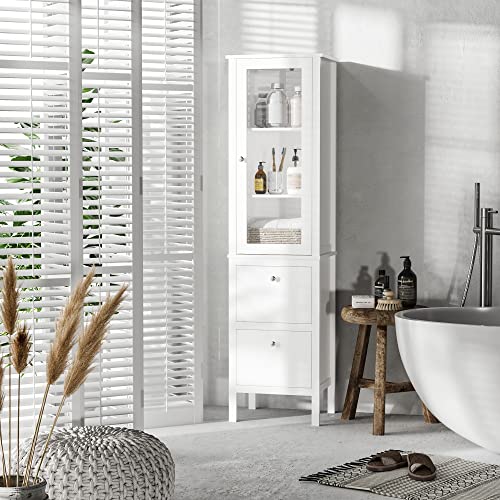 kleankin Armario Alto para Baño Mueble Columna de Baño con 1 Puerta de Cristal Estantes Ajustables y 2 Cajones Multiusos para Salón Cocina 43x35x160 cm Blanco