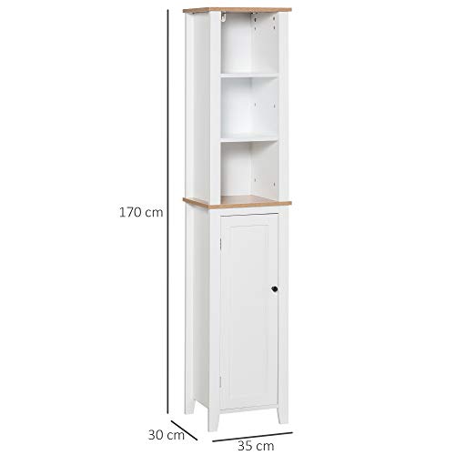 kleankin Armario Alto para Baño Mueble Columna de Baño con 3 Estantes Abiertos y Armario de Puerta Balda Ajustable Interior Carga Máx. 40kg 35x30x170 cm Blanco