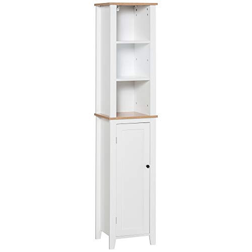 kleankin Armario Alto para Baño Mueble Columna de Baño con 3 Estantes Abiertos y Armario de Puerta Balda Ajustable Interior Carga Máx. 40kg 35x30x170 cm Blanco