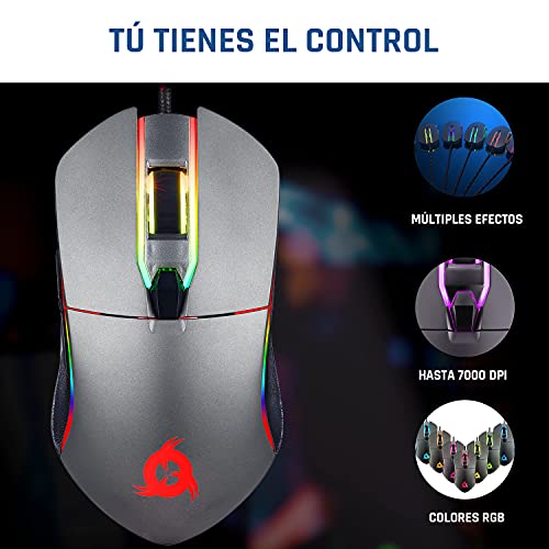 KLIM Aim - Ratón Gaming con Cable + Diseñado para Todos los Tamaños de Manos + Ratón Gamer RGB Personalizable, Programable, 500 a 7000 dpi + Agarre Ambidiestro + Compatible con PC y PS4 (Gris)