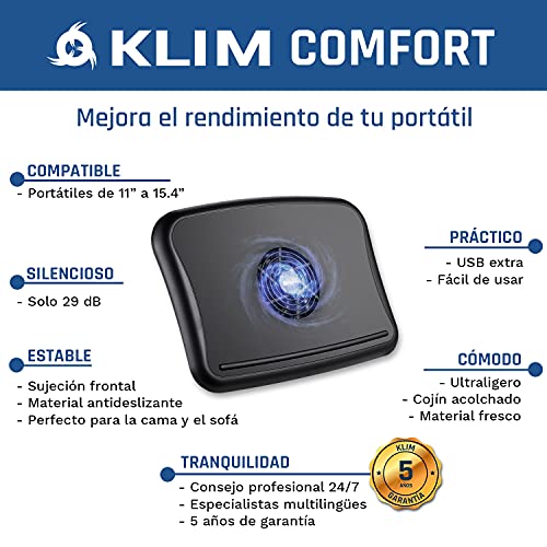 KLIM Comfort + Base de refrigeración para portátil + Protégete del Calor y Evita el sobrecalentamiento + Nueva 2022 + Silenciosa y cómoda, Compatible de 10 a 15,6" + Muy Estable + Bajo Ruido