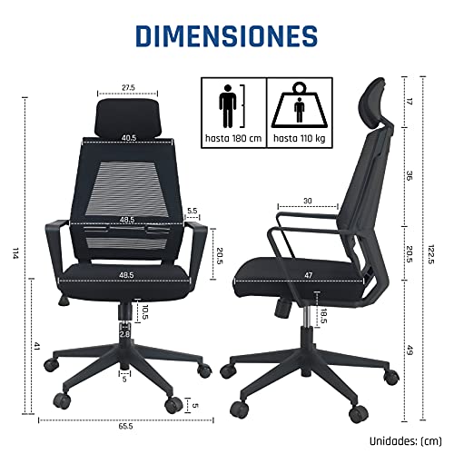 KLIM K300 Office Chair - Silla de Oficina ergonómica con reposacabezas + Cojín y Tela Suaves + hasta 110 kg + Silla de Escritorio con Ruedas para Oficina y casa + 5 años de garantía + Nueva 2022