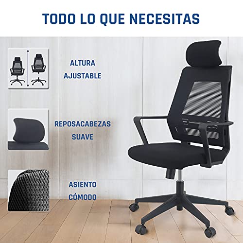 KLIM K300 Office Chair - Silla de Oficina ergonómica con reposacabezas + Cojín y Tela Suaves + hasta 110 kg + Silla de Escritorio con Ruedas para Oficina y casa + 5 años de garantía + Nueva 2022