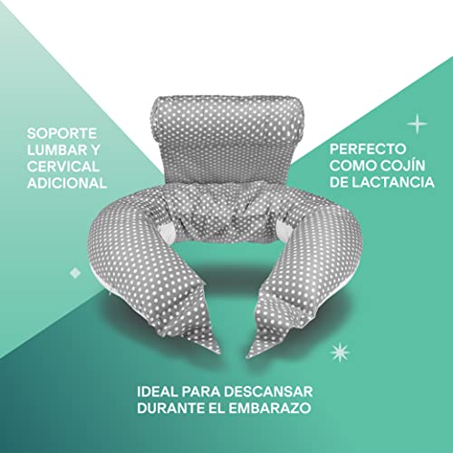 Koala Babycare Almohada Embarazada Multifuncional - Cojin Lactancia y Almohada para Dormir de Lado - Funda Intercambiable 100% Algodón y Relleno de Poliéster - Koala Hugs (Gris - Lunares Blancos)