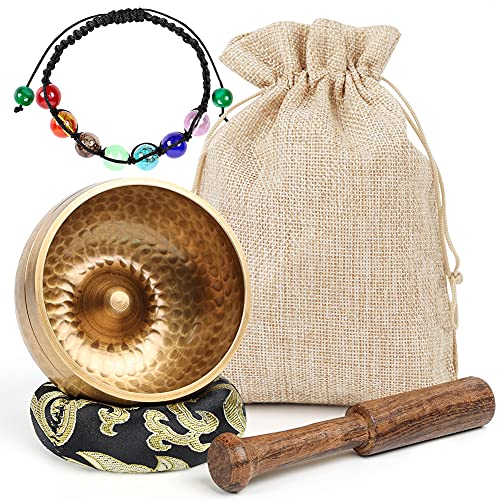 Koogel Juego de cuenco tibetano tibetano, 8 cm, terapia de sonido, cuenco dorado con mazo y pulsera de piedras de tratamiento para relajación, reducción de ansiedad, yoga