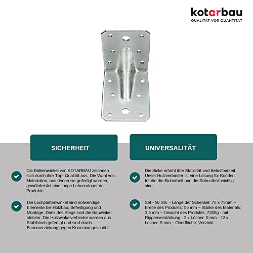 KOTARBAU® Conector angular de 75 x 75 x 55 mm con ranura, ángulo de agujero, ángulo de construcción, conector de madera, ángulo de viga, ángulo de alta calidad, plateado, 50 unidades