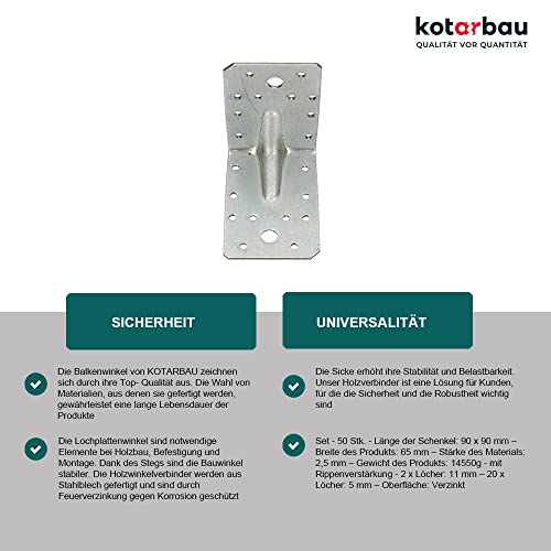 KOTARBAU® Conector angular de 90 x 90 x 65 mm, con ranura, ángulo de agujero, ángulo de construcción, conector de madera, ángulo de viga, conector de alta calidad, color plateado, 50 unidades