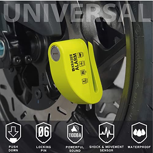 KRASER 6Y Candado Moto Antirrobo Alarma de Disco Certificación CE Cable Recordatorio + Bolsa de Transporte, Universal Motocicleta Scooter Bicicleta Patinete Eléctrico, 110dB Impermeable