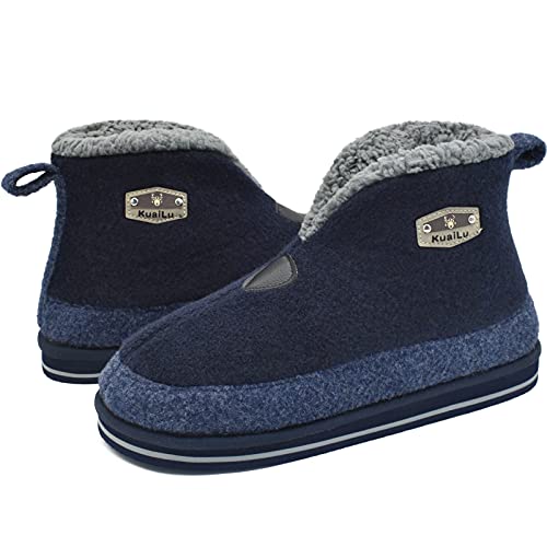 KuaiLu Zapatillas Casa Bota Hombre Invierno Fieltro Cerradas Babuchas Caballero Caliente Peluche Lana Piel Pantuflas Botines Comoda Ortopedicas Fascitis Plantar Slippers Antideslizante Suela Azul 40