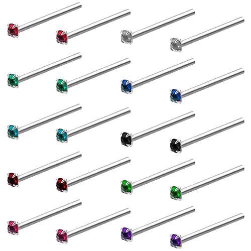 Kurtzy Pendientes Nariz Perno (Pack de 20) Piercing Nariz Acero Inoxidable 1,8 mm - Set Cristal con Colores Variados para Cartílago, Tragus, Nostril, Labret, Helix y Labios – Hombre y Mujer