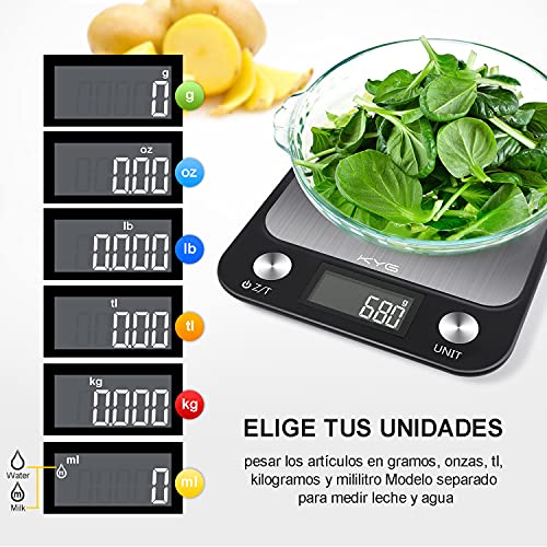 KYG Báscula de Cocina Digital 10kg/1gr, Balanza de Alimentos Medicíón con Pantalla LCD Retroiluminada, de Acero Inoxidable