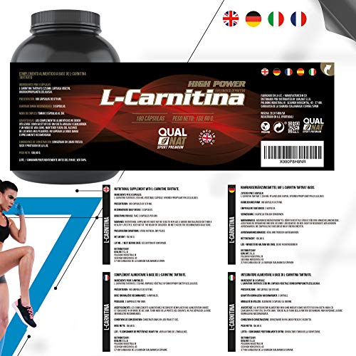 L-Carnitina Pura 180 Cápsulas| Suplemento Deportivo L-Carnitina Potente Natural Alta Concentracion| QUALNAT