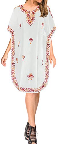 LA LEELA Mujer Kaftan Rayón Túnico Bordado Kimono Estilo Más tamaño Vestido para Loungewear Vacaciones Ropa de Dormir & Cada día Cubrir para Arriba Tops Camisolas Playa Ghosts Blanco_R320