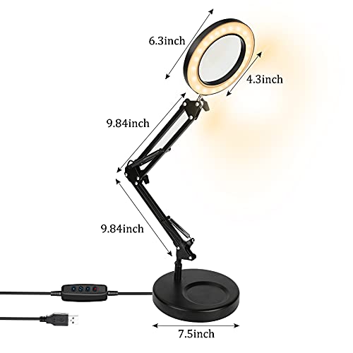 Lámpara de aumento LED 5X con luz Achort lámparas de lupa con abrazadera iluminadas alimentada por USB de 3 colores Bright regulables brazo giratorio ajustable para coser