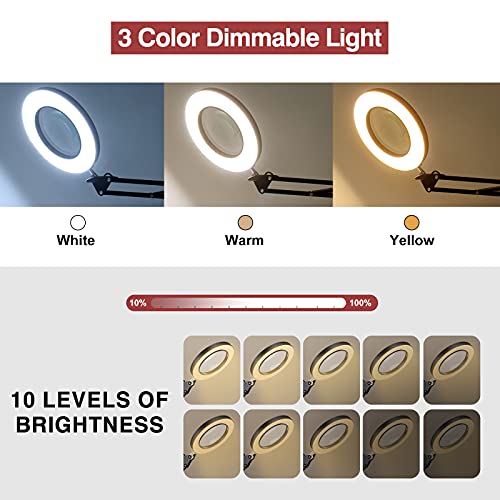 Lámpara de aumento LED con abrazadera, NEWACALOX 5X lámparas de lupa iluminadas de 3 colores Super Bright regulables, lámpara de brazo giratorio ajustable para mesa de trabajo