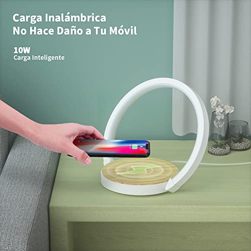 Lampara de Mesa Lámpara de Noche Lámpara de Mesita con Cargador Inalámbrico 3 Niveles De Brillo Nocturna Táctil Regulable para Dormitorios, 10W