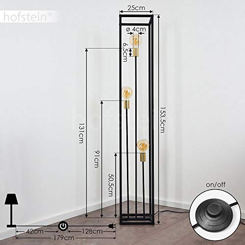 Lámpara de pie Woden, lámpara de suelo de metal en color negro y latón, 3 focos de aspecto industrial con efecto de luz, 3 bombillas E27 máx. 10 W, interruptor de pie en el cable