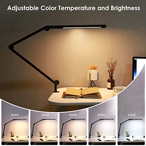 Lámpara Escritorio LED, 9W Lámpara de Mesa de Cuidado Ocular Brazo Oscilante Abrazadera Luz Regulable con 6 Modos de Color + Temporizador + Memoria para Lectura Trabajo Oficina