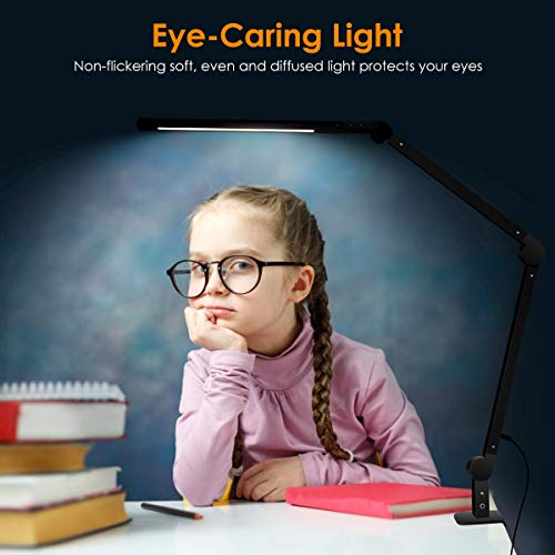 Lámpara Escritorio LED, 9W Lámpara de Mesa de Cuidado Ocular Brazo Oscilante Abrazadera Luz Regulable con 6 Modos de Color + Temporizador + Memoria para Lectura Trabajo Oficina