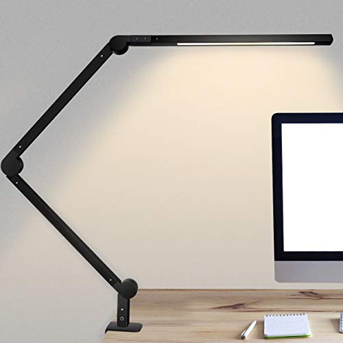 Lámpara Escritorio LED, 9W Lámpara de Mesa de Cuidado Ocular Brazo Oscilante Abrazadera Luz Regulable con 6 Modos de Color + Temporizador + Memoria para Lectura Trabajo Oficina