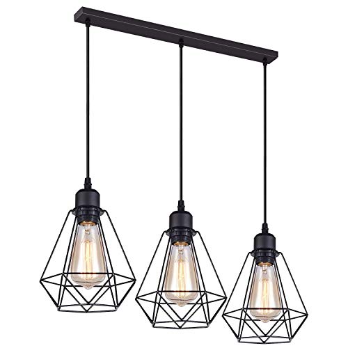 Lámparas Colgante Vintage 3 Luces, iDEGU Lámparas de Techo Industrial Metal Iluminación de Techo E27 en Estilo Jaula Geométrica - Negro