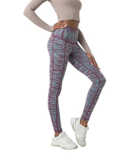 LAPASA Leggins Mujer con Bolsillos Laterales Cintura Alta Pantalón Deportivo Yoga y Ejercicio Mallas de Deporte Elástico Leggings Largo Push Up L01B1 M Burdeo+Azul