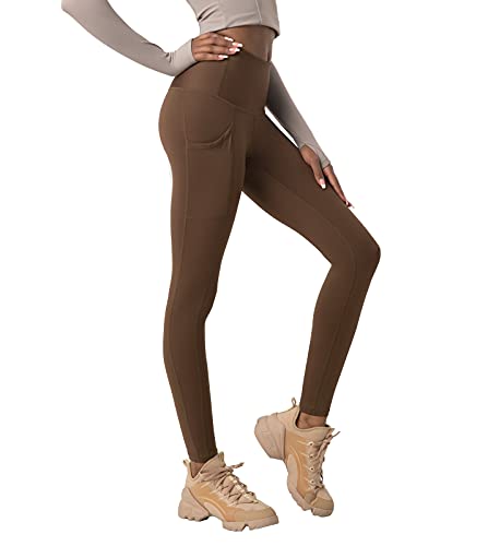 LAPASA Malla Deportivo con Bolsillos Laterales Cintura Alta Pantalón Deportivo Mujer Ligero Otoño y Invierno Leggings para Yoga y Ejercicio L36B1 M Marrón