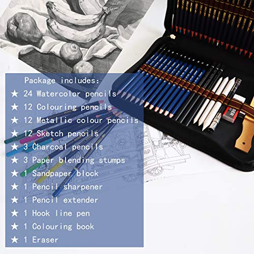 Lapices Colores Profesionales, Kit Dibujo Completo 72 Piezas incluye 24 Lapices Acuarelables 12 Lapices Colores 12 Lapices Metálicos 12 Lapices de Dibujo y Accesorios, Ideal para Adultos y Niños