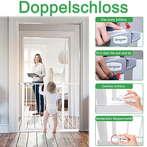 LARS 360 Barrera de Seguridad Para Escalera Automática Para Niños, Barrera de Seguridad Para Bebés, sin Agujeros, + Compartimento Extendido de 10 cm con Tarjeta, Ampliable a 95 cm, 90 °, Blanco