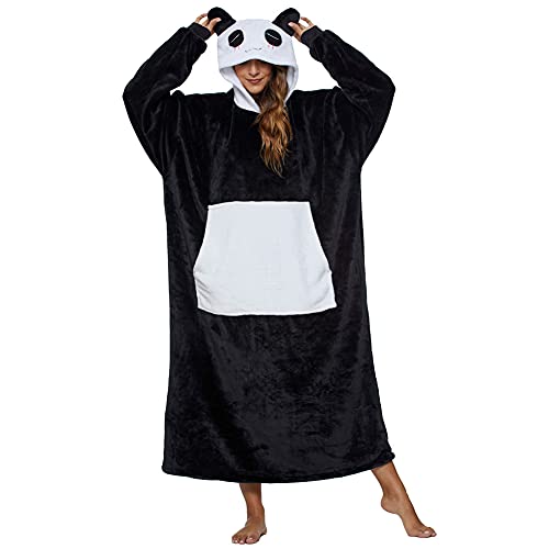 LATH.PIN Panda Manta de Sofá con Capucha Oversize Sudaderas con Capucha Unisex Plaid con Mangas Bolsillo Divertida Pijama Party Animal (Panda, Talla única)