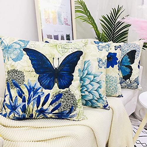 LAXEUYO Juego de 4 Cojin Fundas 45x45 cm, Mariposa Flor Azul Algodón Lino Decorativa Hogar Almohadas Fundas para Sofá Cama Decoración para Hogar