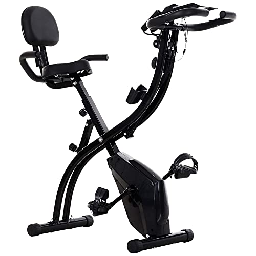 LAZY SPORTS Bicicleta estática spinning plegable con bandas de ejercicos, magnetorresistencia de nivel 8, asiento con apoyabrazos y respaldo, soporte para tablet y movil, pantalla LCD, carga máx.130Kg