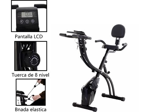 LAZY SPORTS Bicicleta estática spinning plegable con bandas de ejercicos, magnetorresistencia de nivel 8, asiento con apoyabrazos y respaldo, soporte para tablet y movil, pantalla LCD, carga máx.130Kg