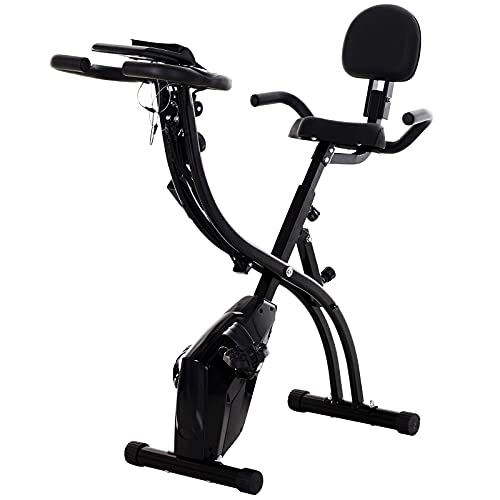 LAZY SPORTS Bicicleta estática spinning plegable con bandas de ejercicos, magnetorresistencia de nivel 8, asiento con apoyabrazos y respaldo, soporte para tablet y movil, pantalla LCD, carga máx.130Kg