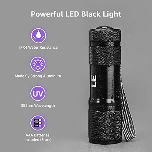 LE Linterna Ultravioleta, Led UV Detectar Orina y Manchas de Mascota 9 LED, 395nm Luz Negra, 3 Pilas Incluidas