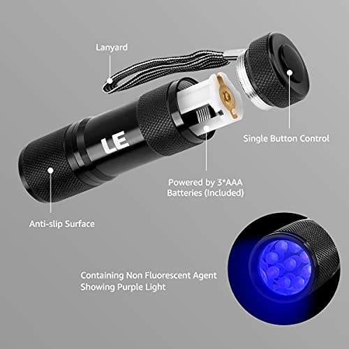 LE Linterna Ultravioleta, Led UV Detectar Orina y Manchas de Mascota 9 LED, 395nm Luz Negra, 3 Pilas Incluidas