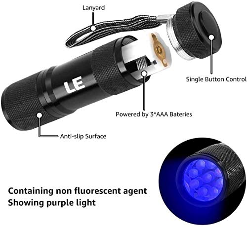 LE Linterna Ultravioleta, UV Linterna 9 LED de Mano Portátil Detectar Manchas de Orina de Mascota, 395nm Luz Negra Luz Ultravioleta, Impermeable IPX4, 3 AAA Pilas Incluidas