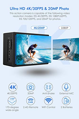 LeadEdge Cámara Deportiva 4K 20MP EIS estabilizador Micrófono Externo con Control Remoto Wi-Fi 170° Gran Angular Camara Acuática Camaras Acción Sumergible de 40M