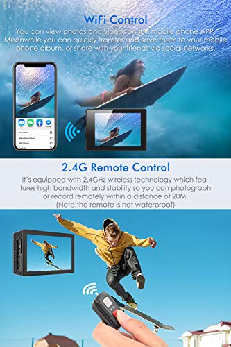 LeadEdge Cámara Deportiva 4K 20MP EIS estabilizador Micrófono Externo con Control Remoto Wi-Fi 170° Gran Angular Camara Acuática Camaras Acción Sumergible de 40M