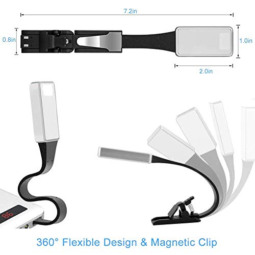 LED Lampara de lectura, LSNDEE Luz de Libro USB Recargable, Luz de Noche, Cuidado de Los ojos, 3 Modos de Clip de Brillo en el Libro, 360 ° Flexible, Cama Portátil Con iluminación (Plateado)