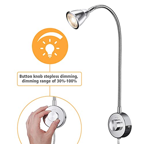 LED Lámpara de Lectura, Regulable Luz LED de Pared 3W 200LM Blanco Cálido 3000K, Lámpara de Cama LED con Cable de 2M, Clavija y Interruptor, Luz de Cuello de Cisne de Rotación Flexible de 360°