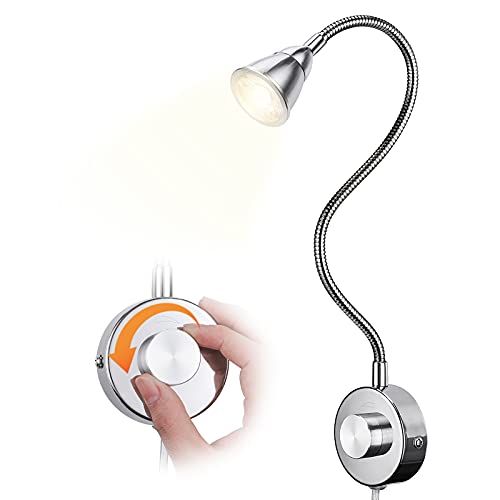 LED Lámpara de Lectura, Regulable Luz LED de Pared 3W 200LM Blanco Cálido 3000K, Lámpara de Cama LED con Cable de 2M, Clavija y Interruptor, Luz de Cuello de Cisne de Rotación Flexible de 360°