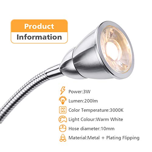 LED Lámpara de Lectura, Regulable Luz LED de Pared 3W 200LM Blanco Cálido 3000K, Lámpara de Cama LED con Cable de 2M, Clavija y Interruptor, Luz de Cuello de Cisne de Rotación Flexible de 360°