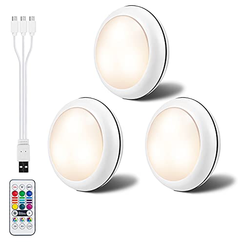 LEDGLE Luces para Armarios, Luz Nocturna LED con Recargable USB, Luz Inalambrica Interior 1000mAh 16 Colores, Luz para Armario Redonda con Control Remoto para Cocina, Gabinete, Dormitorio, Pasillo