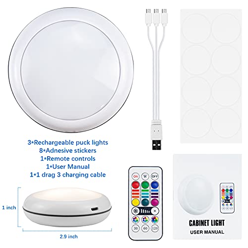 LEDGLE Luces para Armarios, Luz Nocturna LED con Recargable USB, Luz Inalambrica Interior 1000mAh 16 Colores, Luz para Armario Redonda con Control Remoto para Cocina, Gabinete, Dormitorio, Pasillo