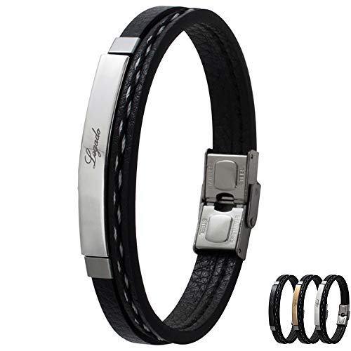 LEGADO Pulsera Hombre, Cuero PU y Acero Inoxidable, Brazalete Vikingo Chico Negra combinable con Anillo Pendiente Collar Colgante o Tobillera muñequera, Personalizable (Silver 21,5)