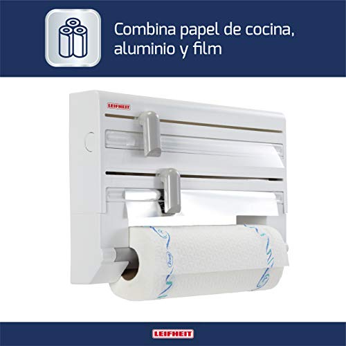 Leifheit Portarrollos de pared Parat ComfortLine para 3 rollos, porta rollos con cuchillas para un corte limpio, portarrollos de cocina de plástico