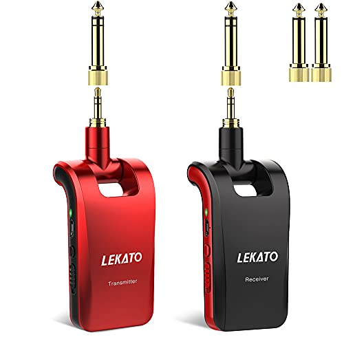 Lekato, Sistema de guitarra inalámbrica, transmisor y receptor de guitarra estéreo inalámbricocon 6 canales de 2,4 GHz, recargable, para guitarra eléctrica, bajo, teclado, color rojo