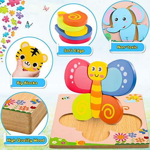 lenbest 6 Piezas 3D Rompecabezas de Madera Animales para Niños, Puzzle de Madera con Fondo Apilable Colorido, Juguetes Montessori de Madera, No Tóxicos, Regalo de Cumpleaños/Navidad para Bebés/Niños